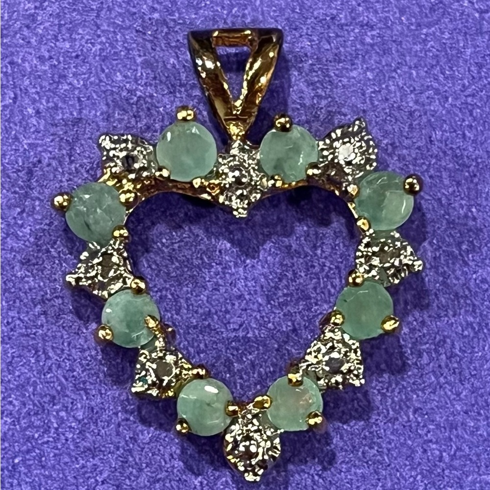 Gold Over Sterling 925 Heart With Natural Emeralds Pendant  Estate